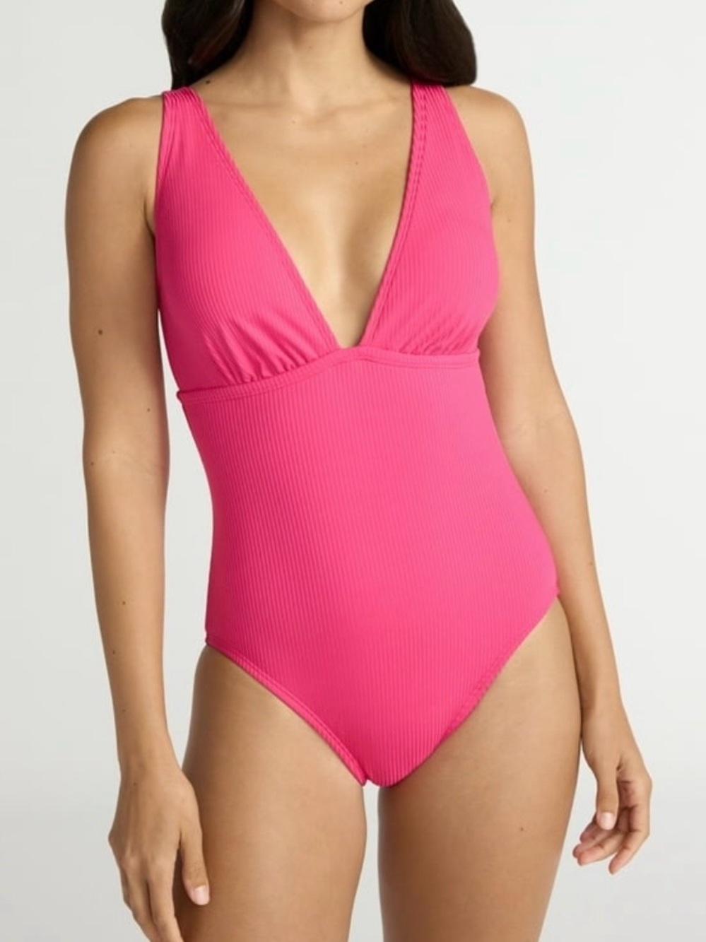 Time and Tru Ribbed Deep V One-Piece Swimsuit - Hot Pink